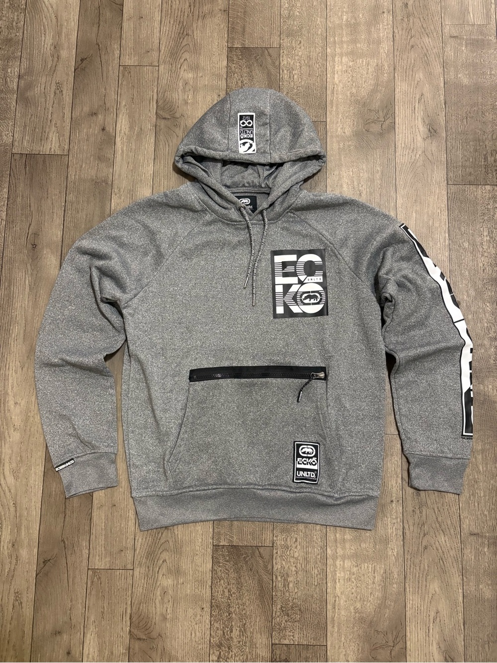 Ecko Unlimited Gray Pullover Hoodie with Front Zip Pocket